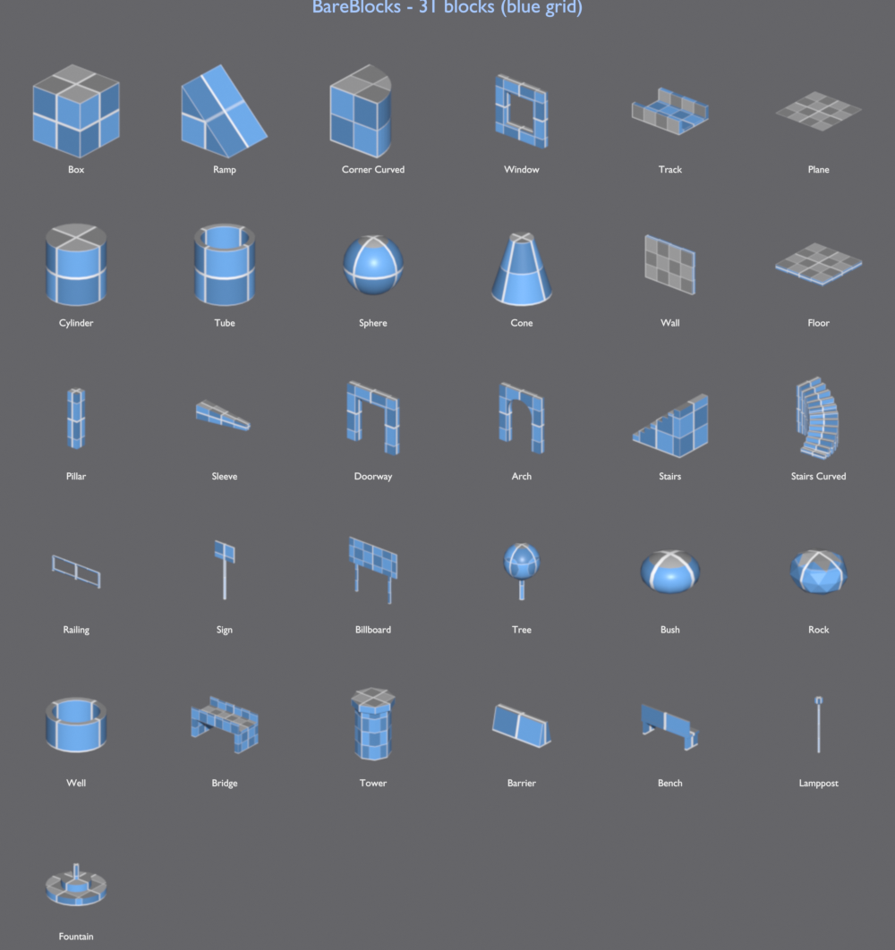 The BareBlocks palette: 42 blue blockout thumbnails with labels.