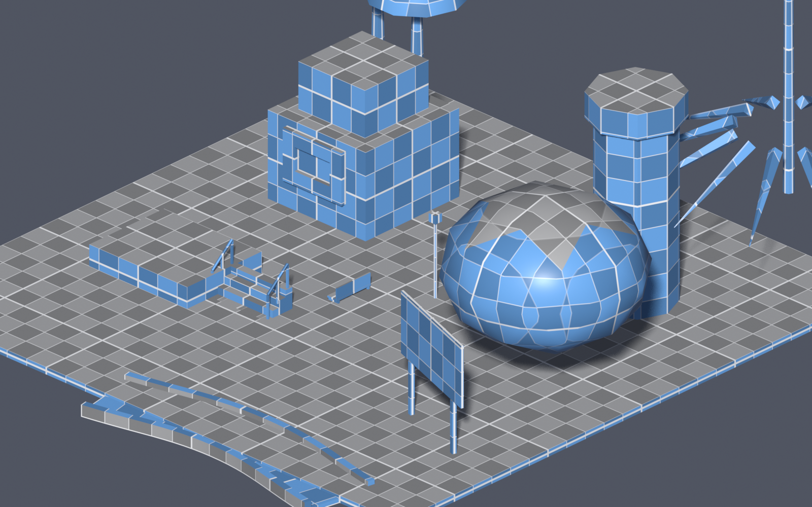 A greybox town blocked out with BareBlocks: a building, tower, road, stairs, trees and a billboard on a blue grid.